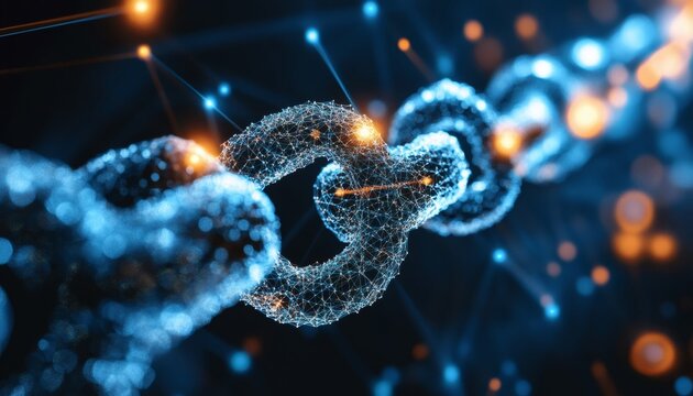 The image shows a chain made of interconnected nodes, glowing with blue and orange lights against a dark background, suggesting a network or connection. - Powered by Adobe