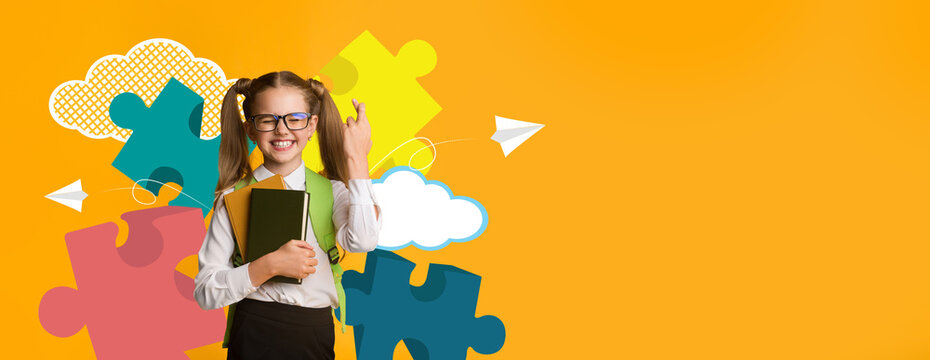 A cheerful child smiles brightly while holding a notebook. She stands against a vibrant backdrop featuring puzzle pieces and clouds. It showcases a fun learning atmosphere.