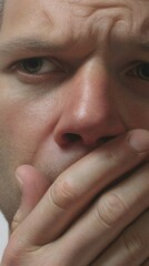 Dramatic close up of a distressed mans face with hand over mouth.