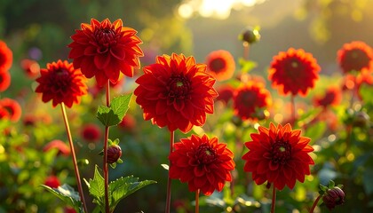 Vibrant red dahlias in sunlight
