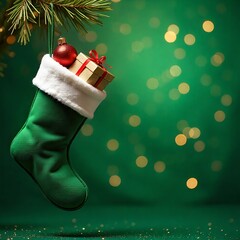 hanging green christmas stockings filled with gifts, copyspace, green background