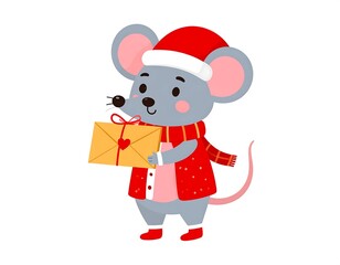 A charming gray mouse, dressed in a festive red jacket and scarf, holds a yellow envelope with a red heart.
