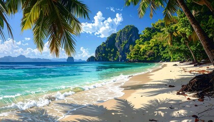 A picturesque tropical beach scene, showcasing vibrant turquoise waters, lush greenery, and towering palm trees casting shadows on the white sand.