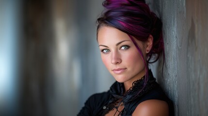 Fototapeta premium Portrait of a Woman with Colored Hair, Stylish and Confident. Leaning against a textured, modern concrete wall, looking directly at the viewer.