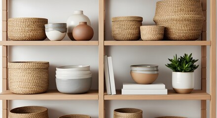 Natural woven baskets and minimalist ceramic pottery arranged on wooden shelves with a potted plant, creating a serene, organized, and stylish home decor storage display with neutral tones.

