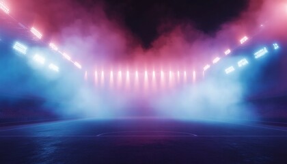 A 3D rendering of an empty stadium at night with bright pink and blue lights illuminating the field and stands, creating a vibrant and atmospheric scene.