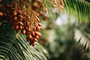 Ripe clusters of brown dates hang from a palm tree surrounded by green fronds. This image represents natural food, agriculture, and tropical harvest.