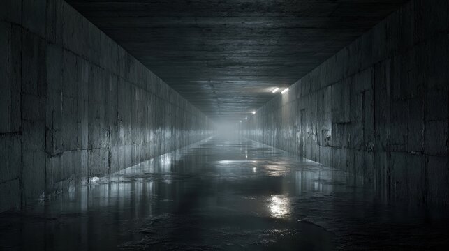 Explore the mysterious depths of an empty, concrete tunnel illuminated by faint lights, perfect for urban exploration or suspenseful storytelling visuals