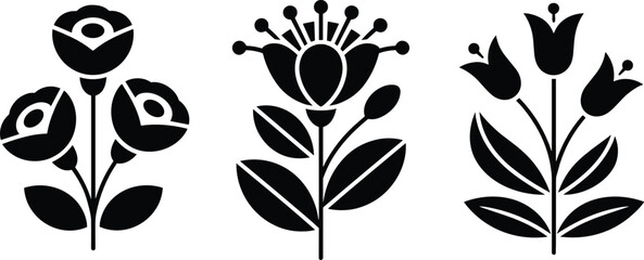 Three black silhouette floral icons of roses, a stylized flower, and tulips on a white background black and white