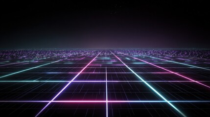 Enter the vibrant cyber world with this stunning futuristic neon grid, perfect for technology, gaming and innovative design projects needing an 80s retro vibe