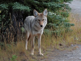 Fototapeta premium Wild coyote standing alert by a dirt road, looking directly into the camera