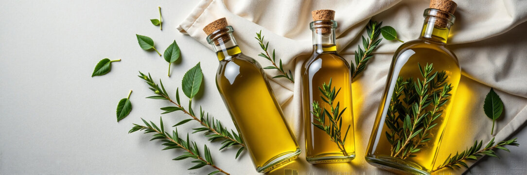 Olive oil bottles in a row present infused oil with rosemary and basil leaves. Refined olive oil with aromatic herbs enhance culinary dishes, adding fresh flavor and scent. - Powered by Adobe