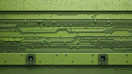 Olive green circuit board with detailed wiring, screws and plates for technology background
