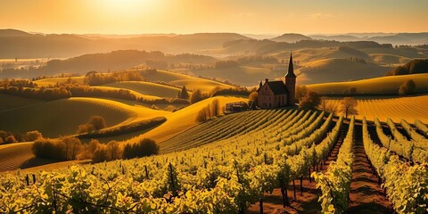 Sun-drenched Alsace vineyards rolling hills at Kaysersberg Chateau,   French countryside,   outdoor