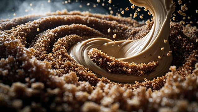 Beige liquid swirls around grainy brown granules, capturing a dynamic moment of texture and flow