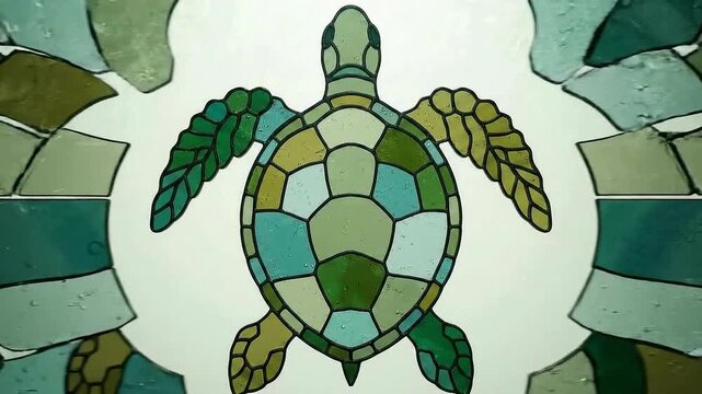 Stained Glass Sea Turtle seamless loop animation in 4K HDR. An 8-second cinematic abstract motion background where translucent green, olive, and turquoise panes slide smoothly under thin dark lead lin