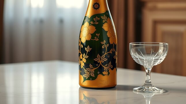 Decorated champagne bottle with gold floral design and a crystal coupe glass on a white table - Powered by Adobe