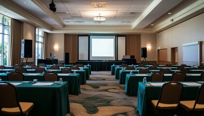The room contains multiple tables with chairs, water bottles, and papers; a projector and screen are at the front of the room.