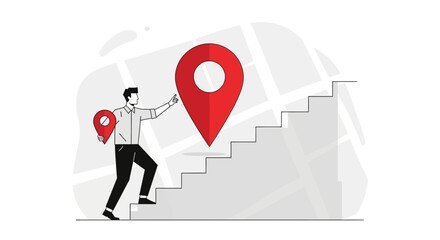 Reaching Destination: Man Ascending Stairs towards Big Location Marker Concept