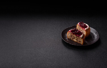 Cinnamon roll, a sweet bun with citrus, cherries, and chocolate, a Danish dessert with cream