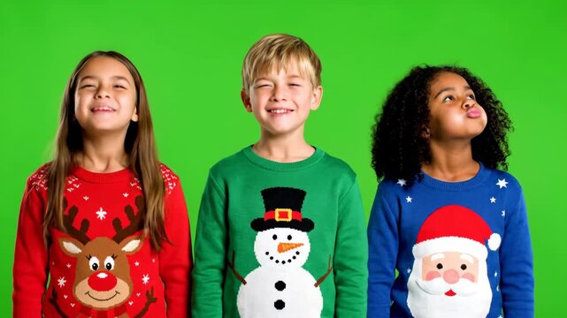 Christmas Sweaters Silly Faces Chroma Key - Three diverse children in Christmas sweaters make silly faces on a green chroma key background.