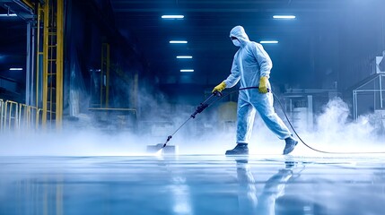 Obraz premium Worker in hazmat suit disinfecting factory floor with pressure washer