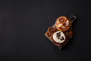 Naklejka premium Cinnamon roll, a sweet bun with citrus, cherries, and chocolate, a Danish dessert with cream
