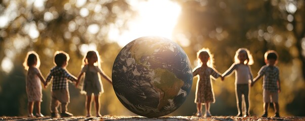 Diverse children united holding hands around the Earth in warm golden sunlight, symbolizing global unity and environmental care for future generations