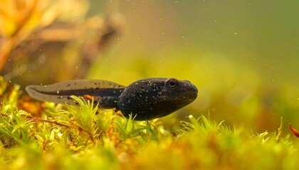 Close-up view of a tadpole surrounded by vibrant yellow-green aquatic moss, showcasing its dark, speckled body and tail fin.