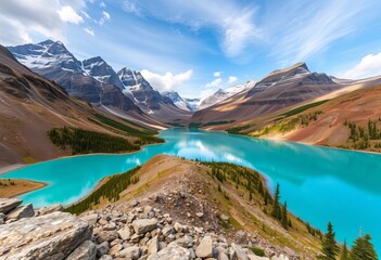 Naklejka premium Towering mountains, turquoise glacial lakes, and rocky peaks along the Icefields Parkway, breathtaking, Banff