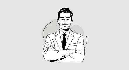 Smiling businessman in suit with crossed arms in a modern illustration style