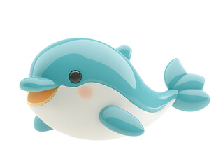 Cute cartoon dolphin toy with big eyes and smiling mouth isolated on transparent background