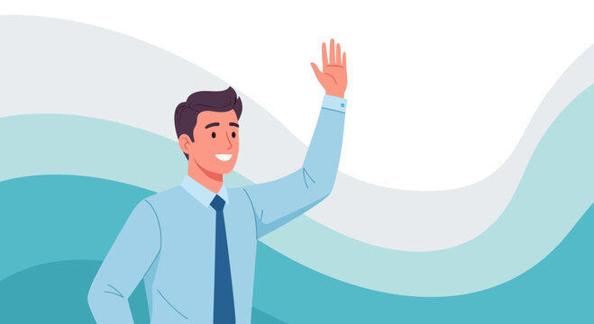 Smiling businessman waving with his hand, welcoming, greeting or saying goodbye vector illustration