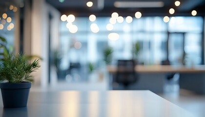 The image shows a minimalistic modern office space with a small potted plant in the foreground and a blurred background showing desks, chairs, and large windows.