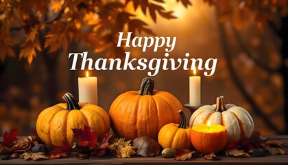 Pumpkins and candles placed on a table creating a festive autumn centerpiece for a seasonal Thanksgiving celebration
