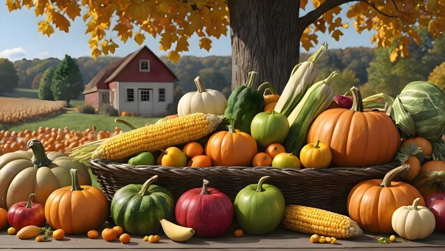 Basket filled with a variety of fresh vegetables under a tree creating a colorful seasonal display perfect for autumn and harvest imagery