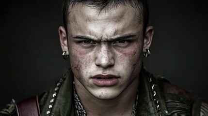 Fototapeta premium Intense expression of young caucasian male with piercings and leather jacket