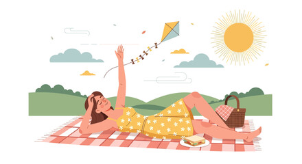 Relaxing Summer Day: A Girl Enjoying A Picnic And Kite Flying Outdoors