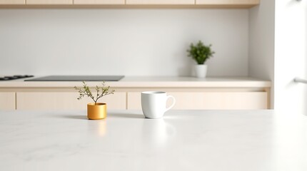 A bright kitchen scene featuring a small plant a mug and a clean countertop with a minimalist design