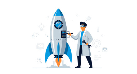 Rocket Launch Preparation Being Conducted By A Scientist With Essential Tools