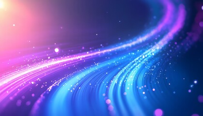 The illustration shows a dynamic wave of blue and magenta colors with bright sparkling particles, creating an abstract and vibrant design.