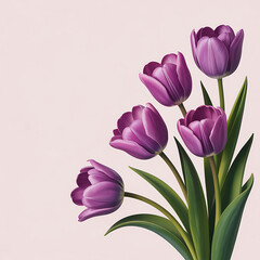 Elegant Arrangement of Purple Tulips on a Soft Pink Background Symbolizing Spring and Freshness with Graceful Lines and Delicate Petals