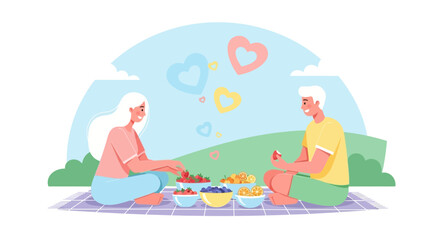Romantic Picnic Celebration For Couples With Fresh Fruits And Cheerful Hearts Floating
