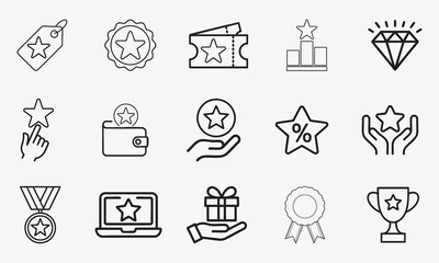 Icons Rewards Loyalty Points Gifts and Achievements in Line Vector Style on White Background