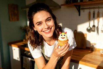 Smiling woman in kitchen holding decorated cupcake with funny cartoon face under warm sunlight during cheerful baking moment
