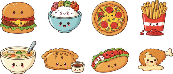 Cute cartoon fast food vector illustration set with burger, pizza, fries, hotdog, rice bowl, soup, pie, fried chicken, adorable kawaii characters