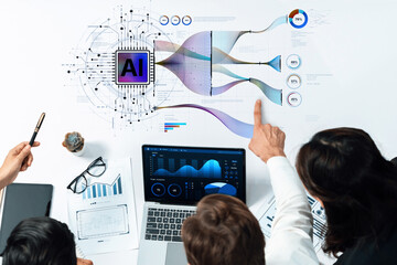 A diverse team collaborates on artificial intelligence data analysis, using charts and graphs for informed decision-making in a modern business environment. Trope