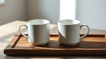 Two white ceramic mugs sitting on a brown wooden tray in a bright softly lit room setting indoors