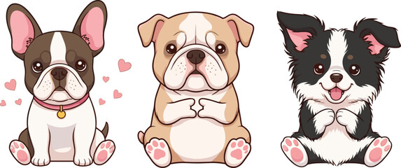 Cute cartoon puppies illustration set, adorable French bulldog, English bulldog and border collie, kawaii style vector art with big eyes
