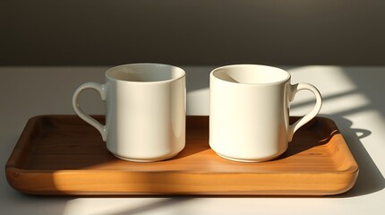 Obraz premium Two white ceramic mugs on a wooden tray illuminated by sunlight creating shadows on a white surface